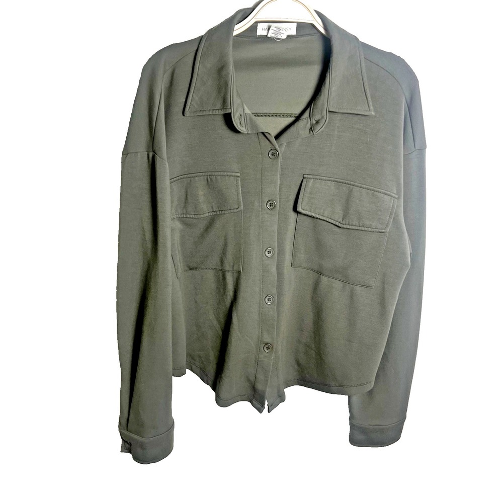 Happily Grey Womens Sz M Button‎ Up Long Sleeve Blouse Top Olive Green Modal